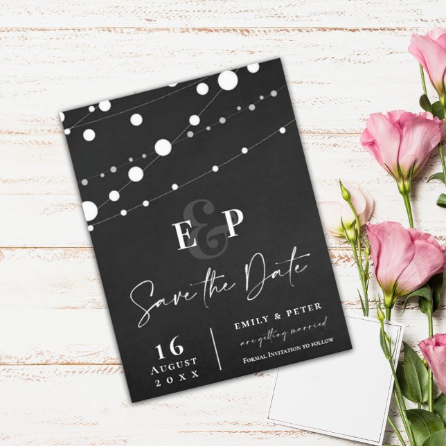 Black String Lights Monogram Wedding Save The Date Postcard (Creator Uploaded)