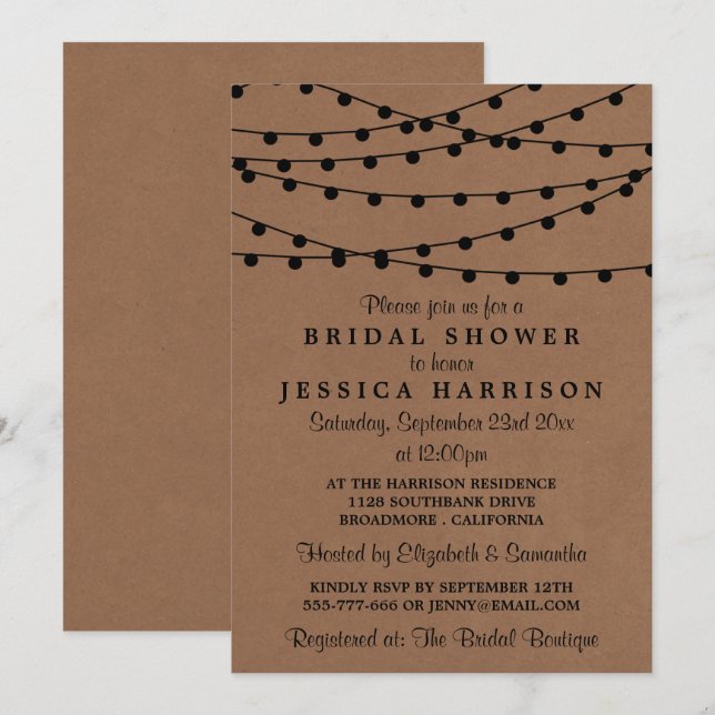 Black String Lights On Rustic Kraft Bridal Shower Invitation (Front/Back)