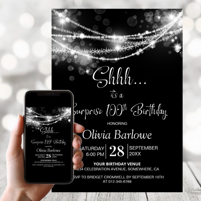 Black String Lights Surprise 100th Birthday Party Invitation (Creator Uploaded)