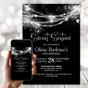 Black String Lights Sweet Sixteen Birthday Party Invitation