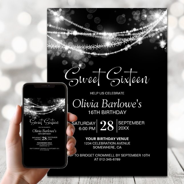 Black String Lights Sweet Sixteen Birthday Party Invitation (Creator Uploaded)