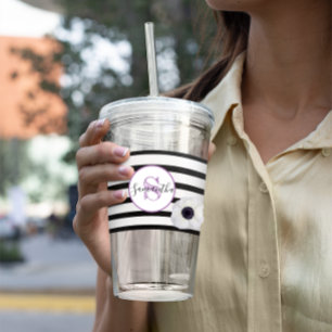 Black Stripe and Anemone Monogrammed Personalised Acrylic Tumbler