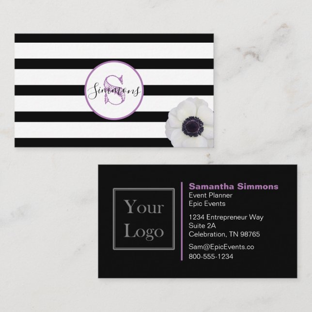 Black Stripe and Anenome Monogrammed Business Card (Front/Back)