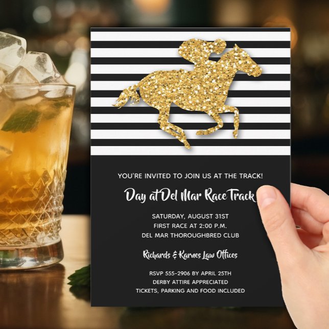 Black Stripe and Gold Glitter Horse Racing Invitation (Gold racehorse on black and white stripes party invitations - PRINTED and/or INSTANT DOWNLOAD)