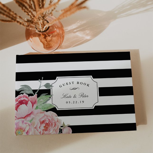 Black Stripe & Antique Peony Wedding Guest Book (Creator Uploaded)