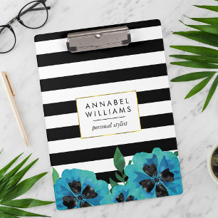 Black Stripe & Blue Floral Personalised Clipboard