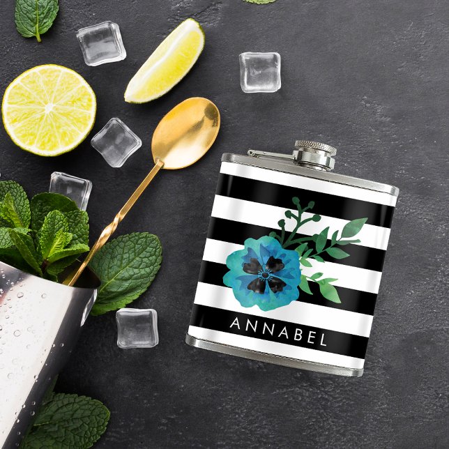 Black Stripe & Blue Floral Personalised Flask (Creator Uploaded)