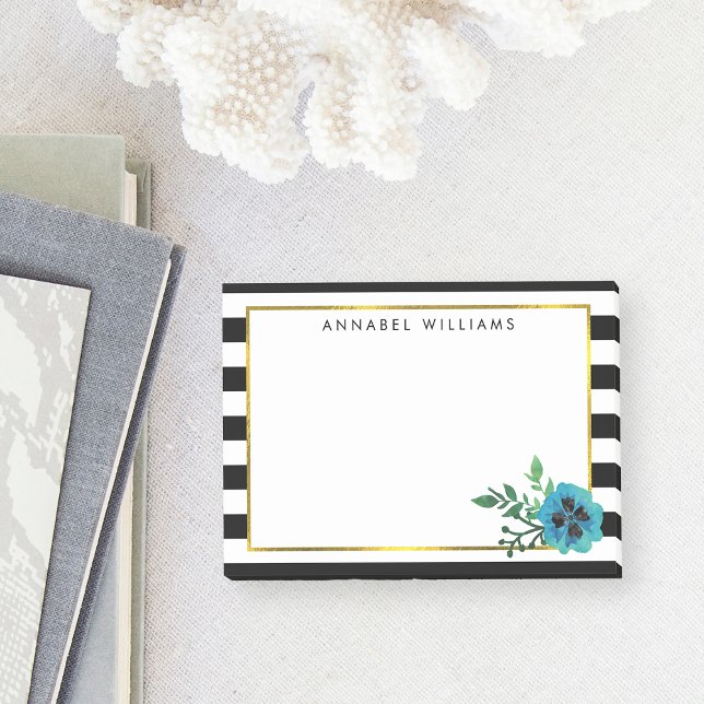Black Stripe & Blue Floral Personalised Post-it Notes (Creator Uploaded)