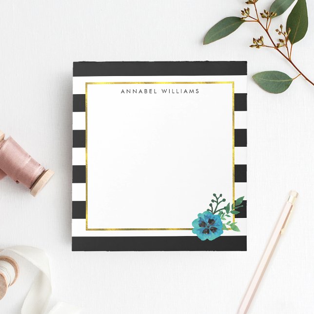 Black Stripe & Blue Flower Personalised Notepad (Creator Uploaded)