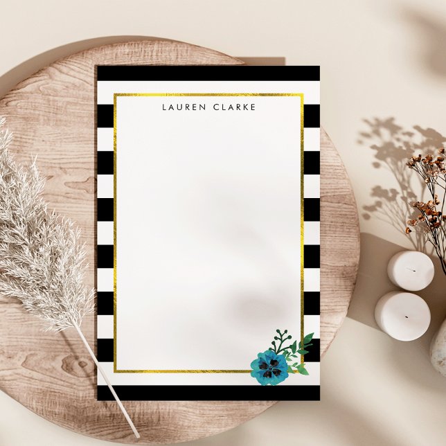 Black Stripe & Blue Flower Personalised Stationery (Creator Uploaded)