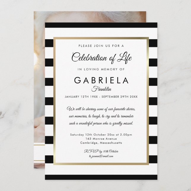 Black Stripe Celebration of Life Funeral Photo Invitation (Front/Back)
