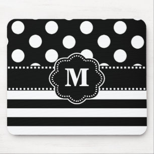 Black Stripe Dots Monogram Mouse Pad. Mouse Pad