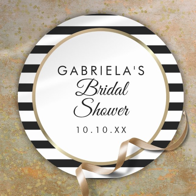 Black Stripe Elegant Gold Bridal Shower Classic Round Sticker (Black Stripe Elegant Gold Bridal Shower Classic Round Sticker)