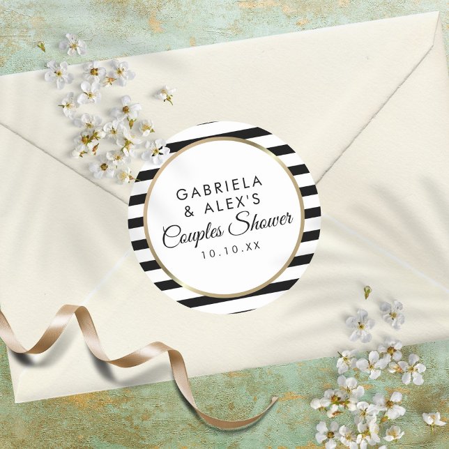 Black Stripe Elegant Gold Couples Bridal Shower Classic Round Sticker (Creator Uploaded)