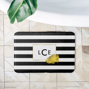 Black Stripe & Faux Gold Peony Monogram Bath Mat