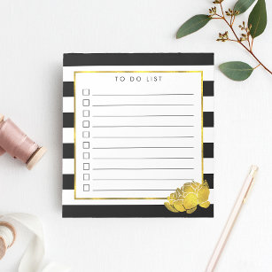 Black Stripe & Faux Gold Peony To Do List Notepad