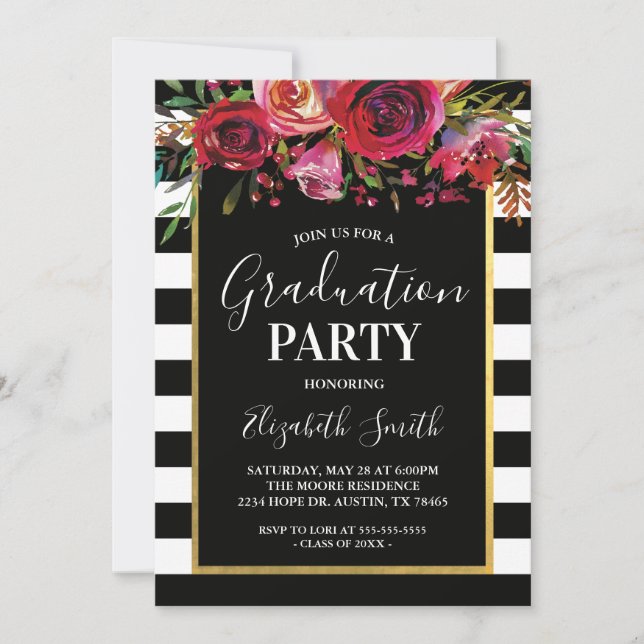 Black Stripe Floral Graduation Party Invitation (Front)