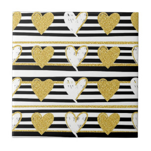 Black Stripe Gold Heart Glam Pattern (1) Ceramic Tile