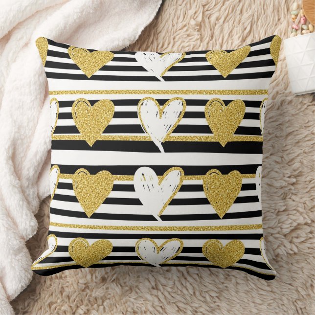 Black Stripe Gold Heart Glam Pattern (1) Cushion (Blanket)