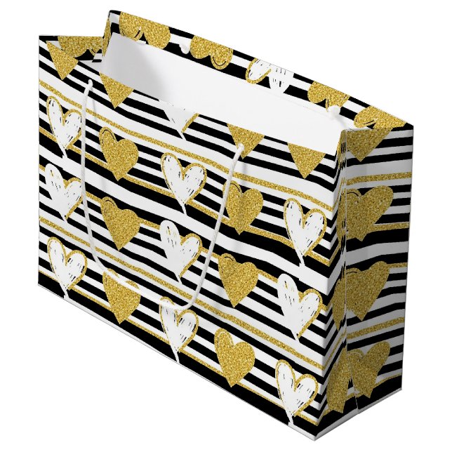 Black Stripe Gold Heart Glam Pattern (1) Large Gift Bag (Front Angled)