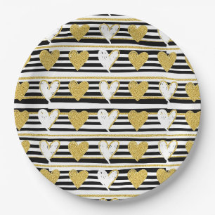 Black Stripe Gold Heart Glam Pattern (1) Paper Plate