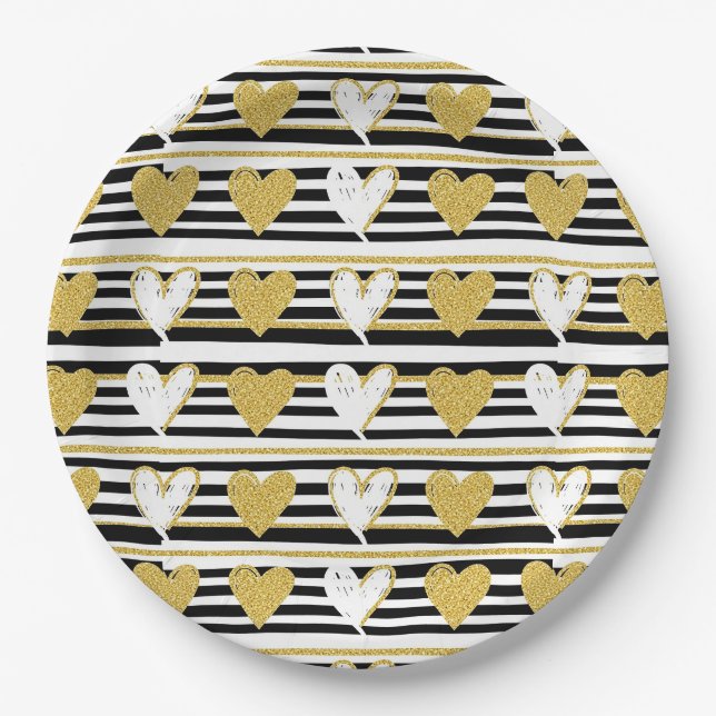 Black Stripe Gold Heart Glam Pattern (1) Paper Plate (Front)