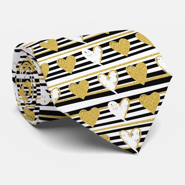 Black Stripe Gold Heart Glam Pattern (1) Tie (Rolled)