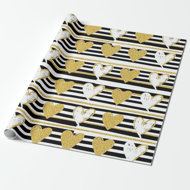 Black Stripe Gold Heart Glam Pattern (1) Wrapping Paper (Unrolled)