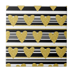 Black Stripe Gold Heart Glam Pattern (2) Ceramic Tile