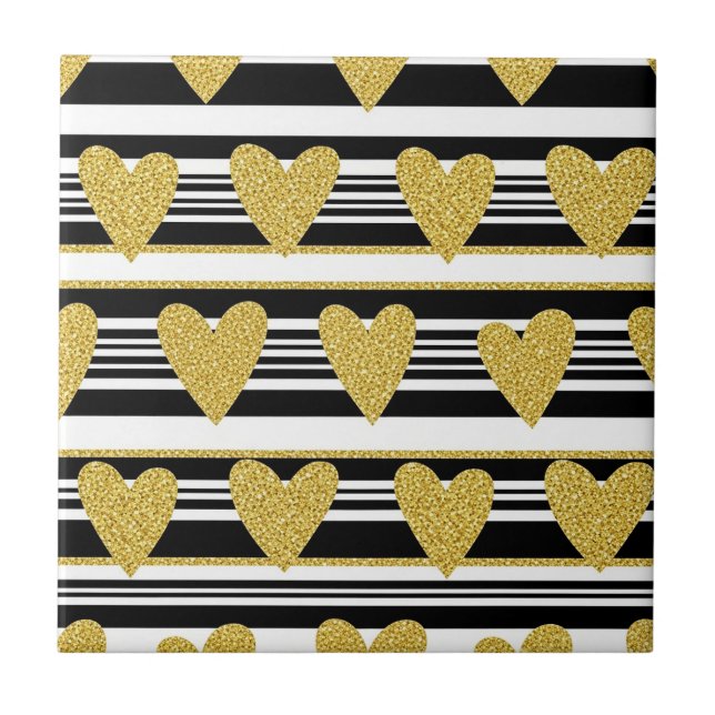 Black Stripe Gold Heart Glam Pattern (2) Ceramic Tile (Front)