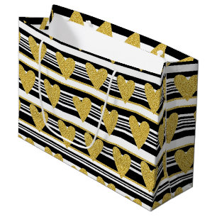 Black Stripe Gold Heart Glam Pattern (2) Large Gift Bag