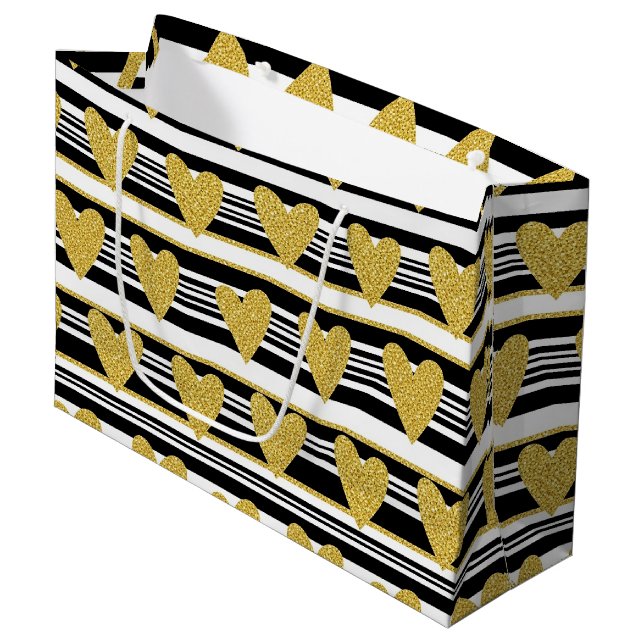 Black Stripe Gold Heart Glam Pattern (2) Large Gift Bag (Front Angled)