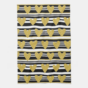 Black Stripe Gold Heart Glam Pattern (2) Tea Towel