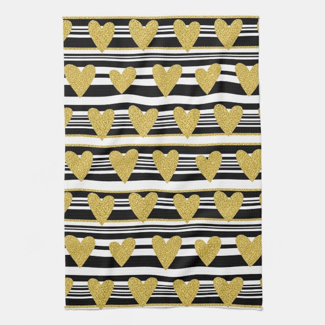 Black Stripe Gold Heart Glam Pattern (2) Tea Towel (Vertical)