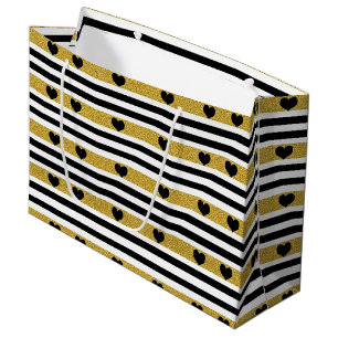 Black Stripe Gold Heart Glam Pattern (3) Large Gift Bag