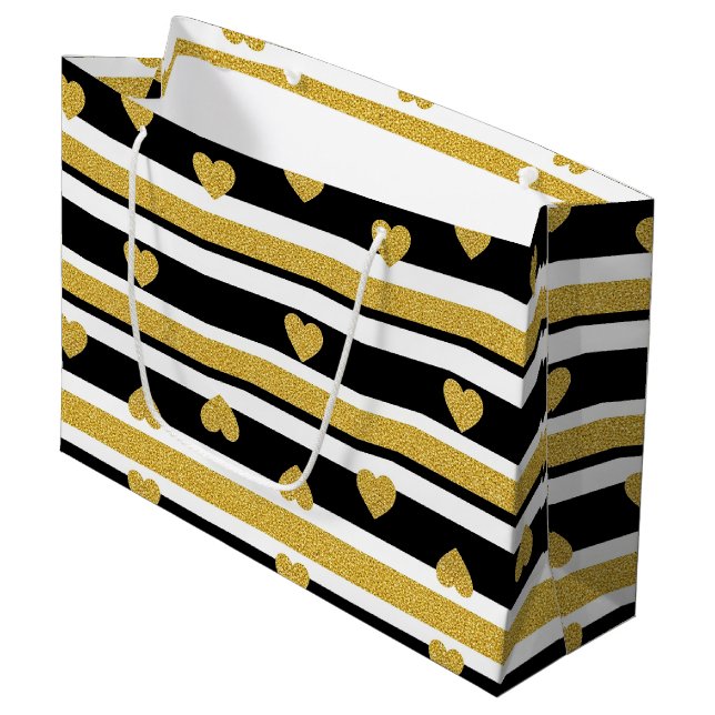 Black Stripe Gold Heart Glam Pattern (4) Large Gift Bag (Front Angled)
