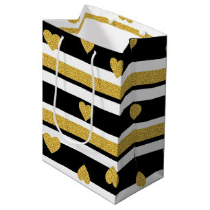 Black Stripe Gold Heart Glam Pattern (4) Medium Gift Bag