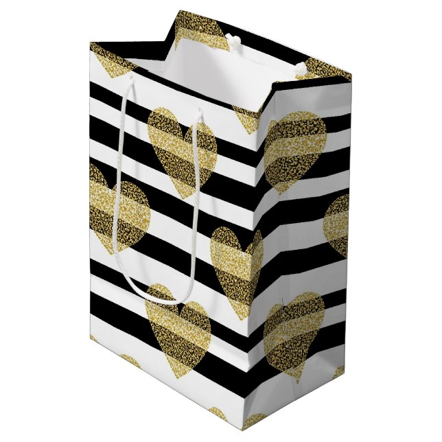 Black Stripe Gold Heart Glam Pattern (5) Medium Gift Bag (Front Angled)
