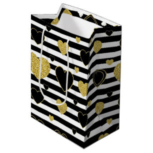 Black Stripe Gold Heart Glam Pattern (7) Medium Gift Bag