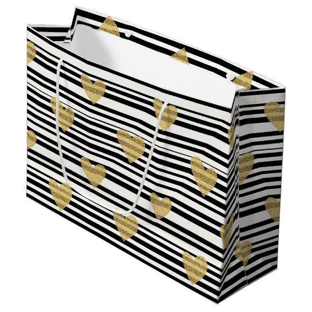 Black Stripe Gold Heart Glam Pattern (8) Large Gift Bag (Front Angled)