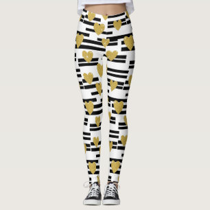 Black Stripe Gold Heart Glam Pattern (9) Leggings
