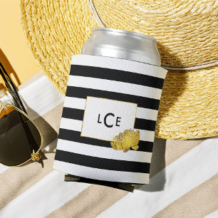Black Stripe & Gold Peony Monogram Can Cooler