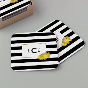 Black Stripe & Gold Peony Monogram Coasters