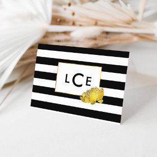 Black Stripe & Gold Peony Monogram Note Cards