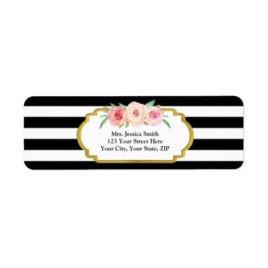 Black Stripe Gold Pink Floral Return Address Label
