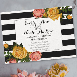 Black Stripe Heirloom Pink Yellow Rose Wedding Invitation
