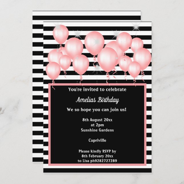 BLACK STRIPE PINK 2 BALLOON BIRTHDAY PARTY INVITATION (Front/Back)