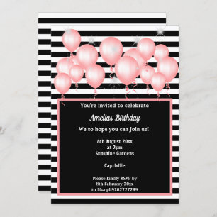 BLACK STRIPE PINK 2 BALLOON BIRTHDAY PARTY INVITATION