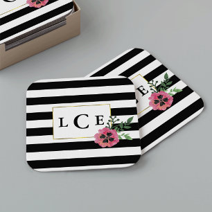 Black Stripe & Pink Floral Monogram Coasters