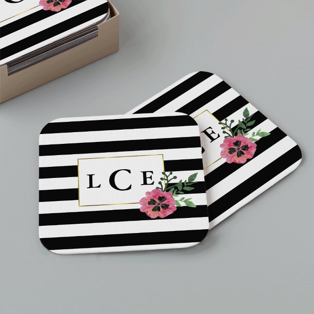 Black Stripe & Pink Floral Monogram Coasters (Creator Uploaded)